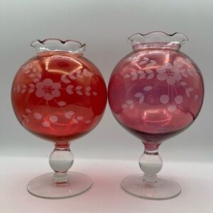 2 Vintage Rose Bowl Vases Red Cranberry Glass Etched Floral Footed Fluted Edge